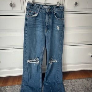Zara Blue Flare Wide Leg Jeans with Distressed Details